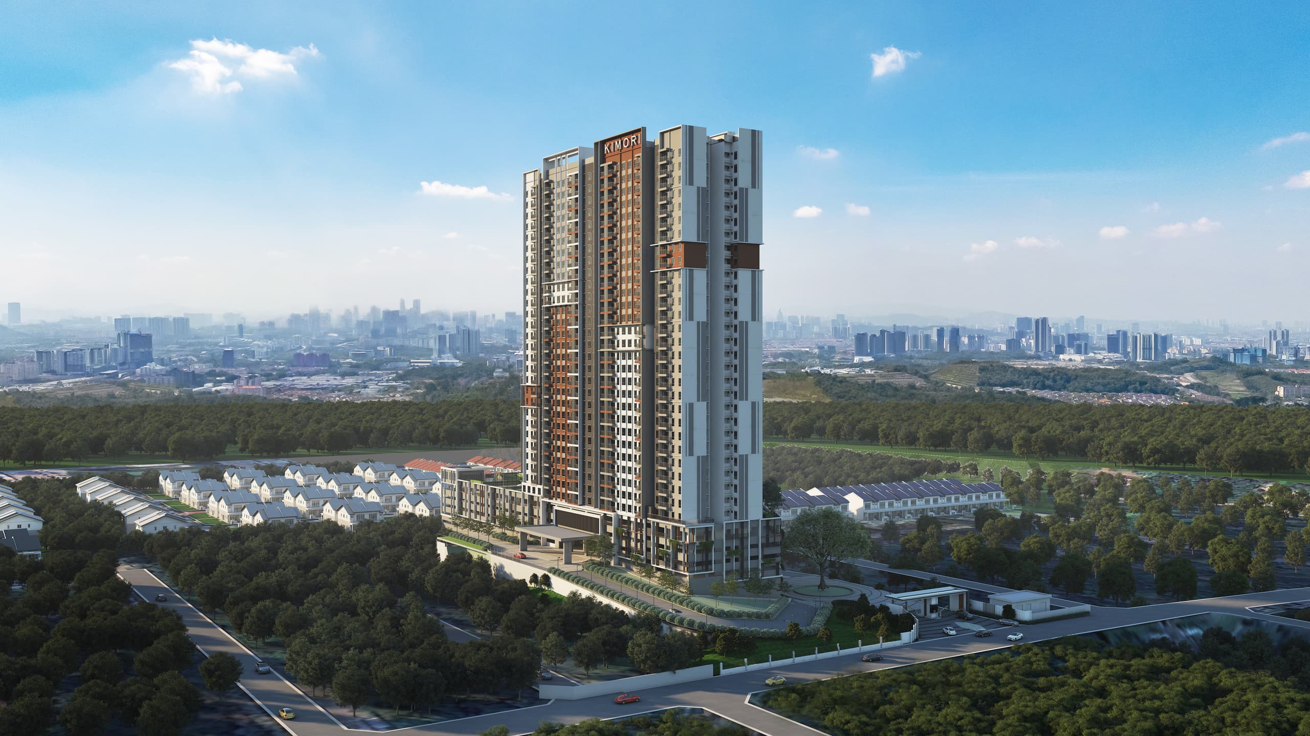 Aerial view of KIMORI Residences rising above the green hills of Bukit Serdang