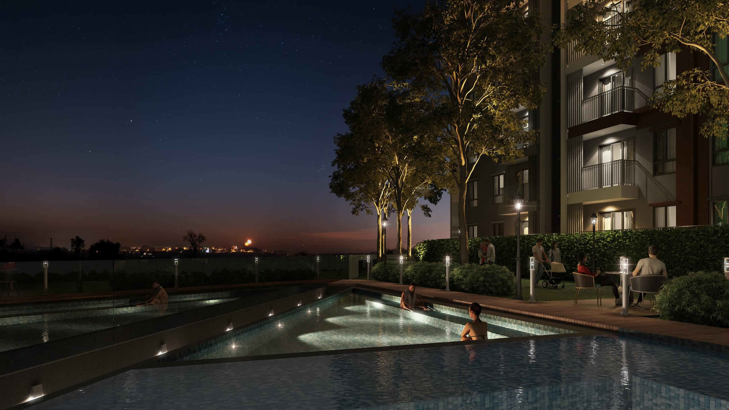Moonlit jacuzzi garden screened by timber lattice at KIMORI